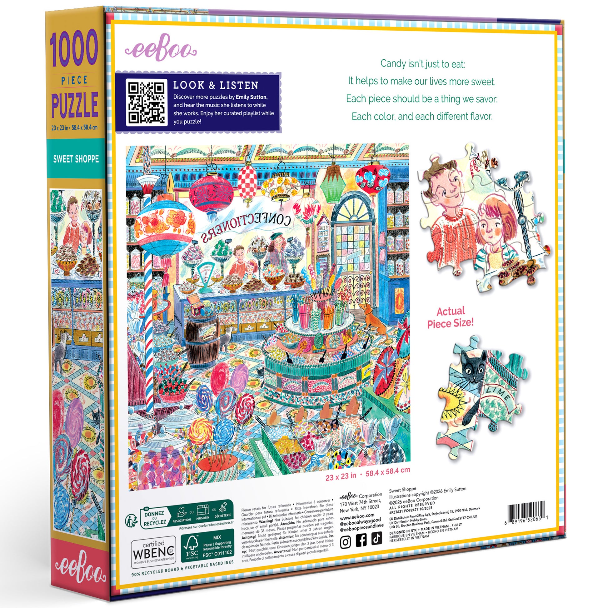 eeBoo Sweet Shoppe 1000 Piece Puzzle with colorful candy shop illustration and packaging box
