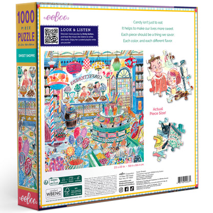 eeBoo Sweet Shoppe 1000 Piece Puzzle with colorful candy shop illustration and packaging box