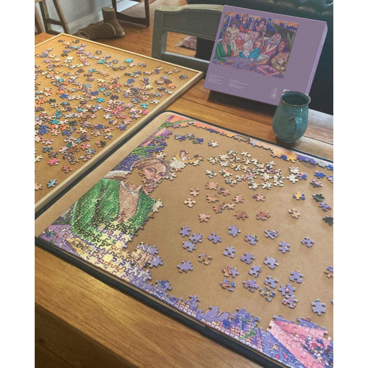 JOS 1000 Piece Puzzle A Night In with colorful illustration in progress on wooden puzzle board