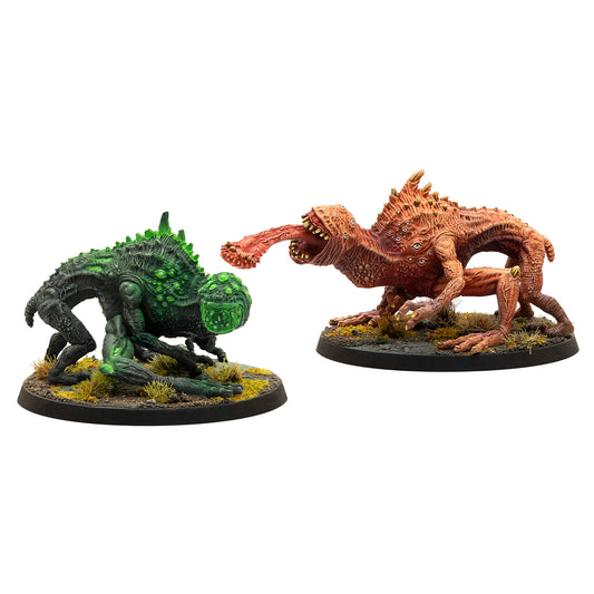 Fallout Miniatures Cryptids Snallygasters green and red creature figures on black bases