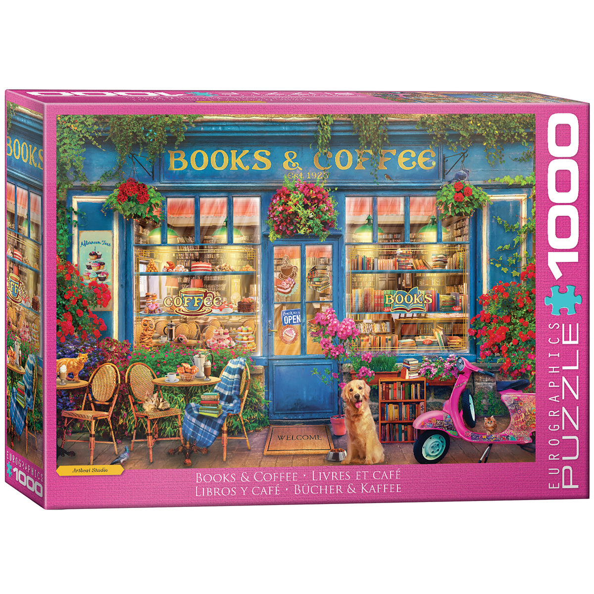 Eurographics Books & Coffee 1000 Piece Puzzle featuring colorful blue café storefront with flowers