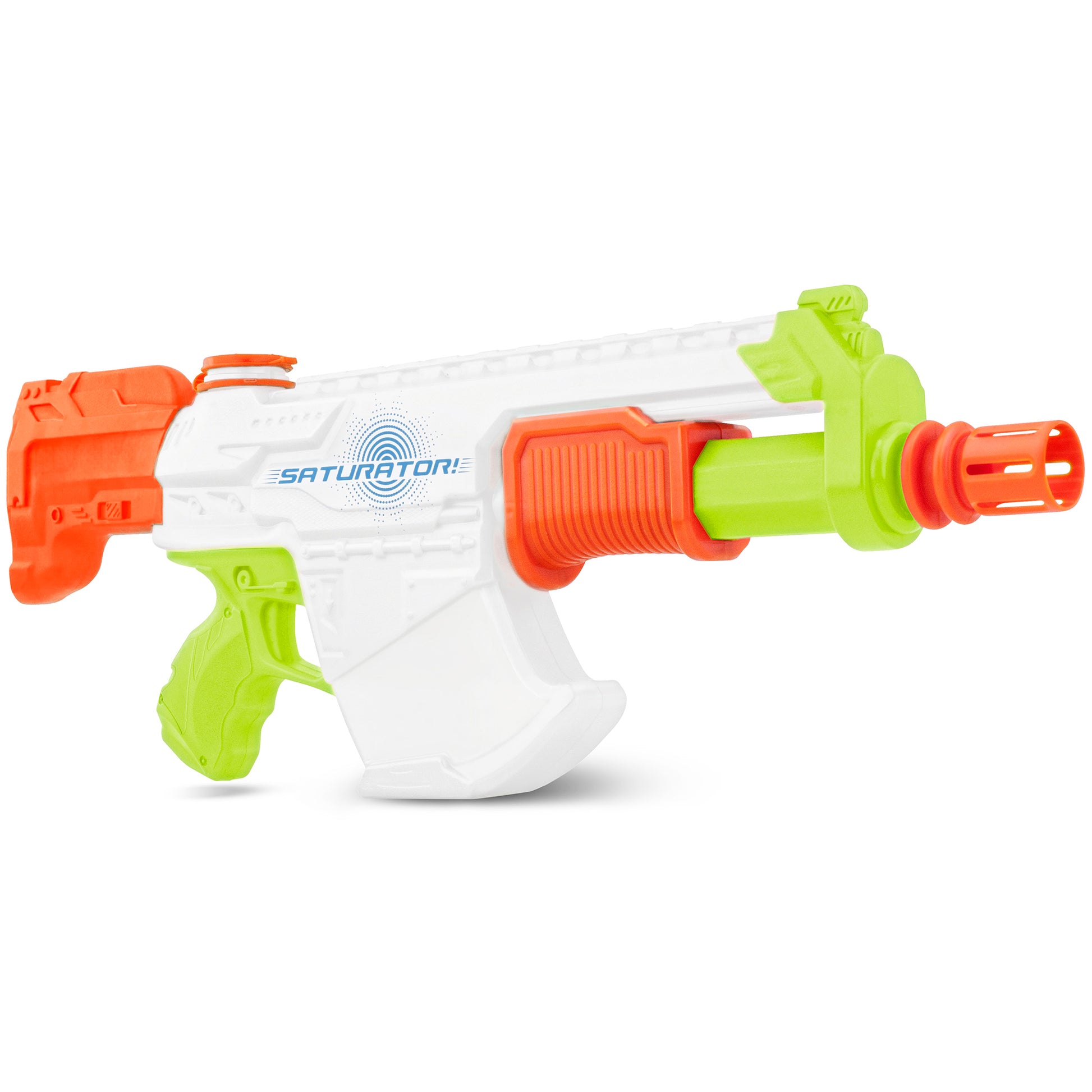 Saturator Water Blaster toy gun in white, neon green, and orange colors
