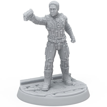 Fallout Miniatures Hollywood Icons unpainted resin figure in armor holding pistol on scenic base