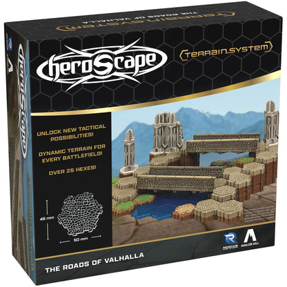 Heroscape Roads of Valhalla terrain expansion set with castle structures, bridges, and hexagonal road tiles