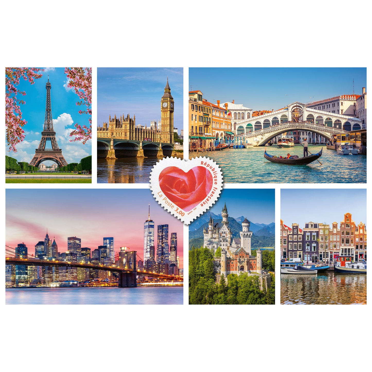 TEAMPUZZLE Cities 194pc jigsaw puzzle featuring iconic landmarks including Eiffel Tower, Big Ben, Venice, NYC skyline...