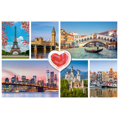TEAMPUZZLE Cities 194pc jigsaw puzzle featuring iconic landmarks including Eiffel Tower, Big Ben, Venice, NYC skyline...