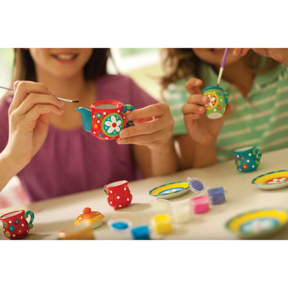 KidzMaker Paint Your Own Mini Tea Set with colorful teapots and plates