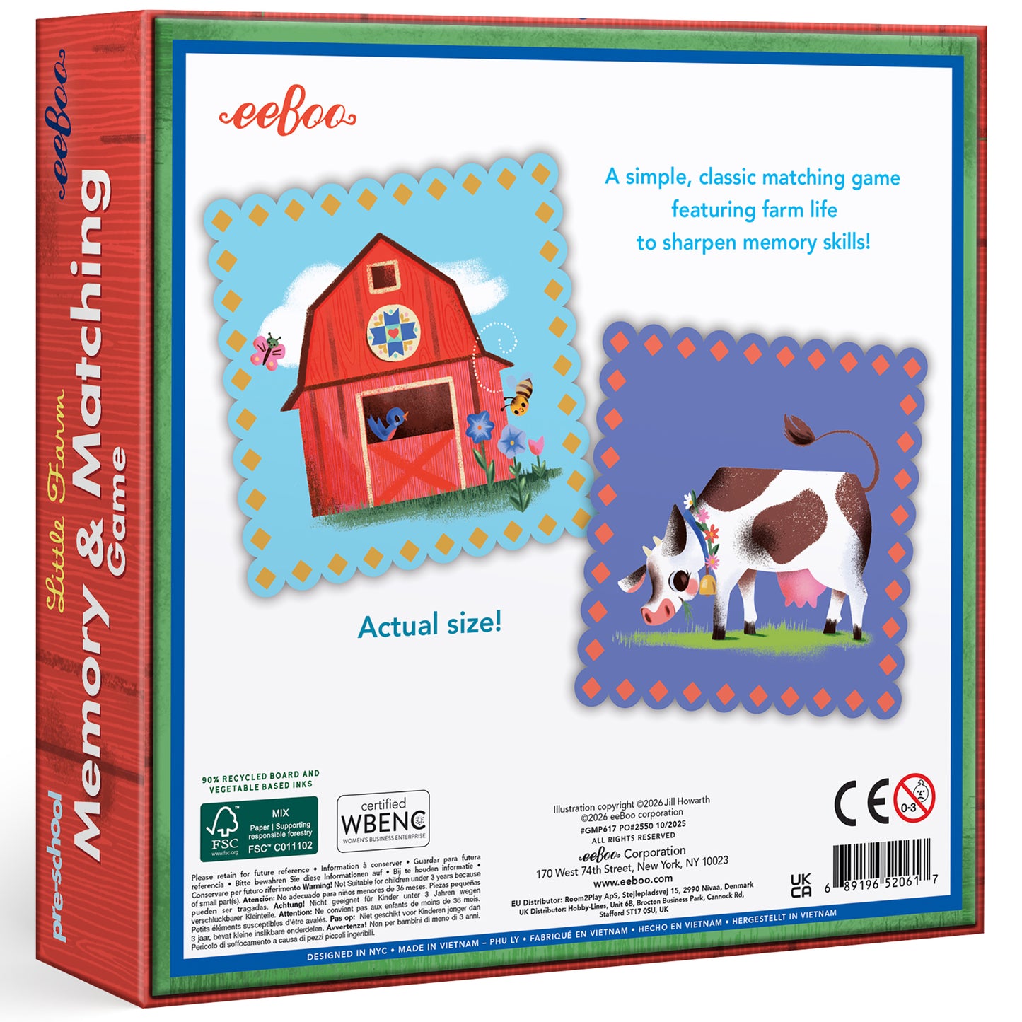 eeBoo Little Farm Memory & Matching Game box showing red barn and cow illustrations