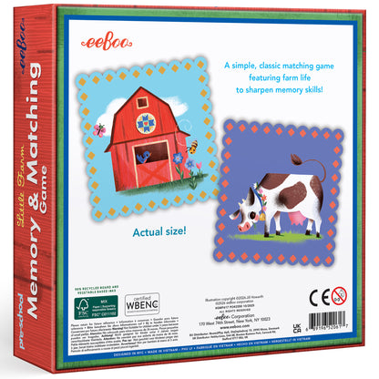 eeBoo Little Farm Memory & Matching Game box showing red barn and cow illustrations