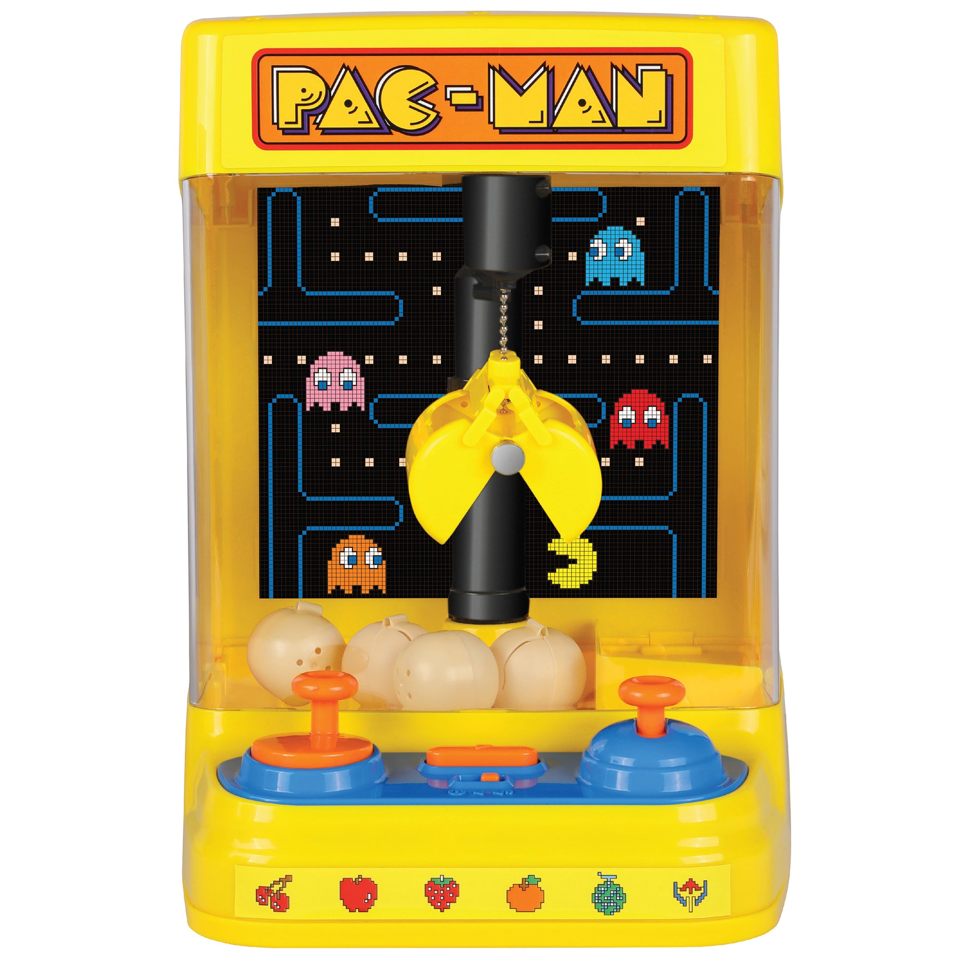 Pac-Man Arcade Claw Crane toy with yellow housing, joystick controls, and claw mechanism