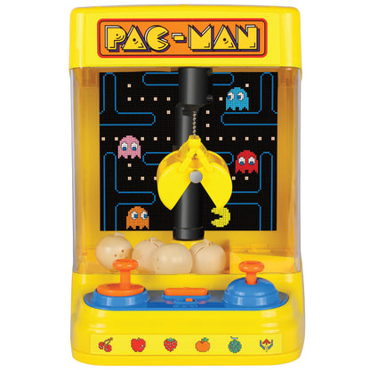 Pac-Man Arcade Claw Crane toy with yellow housing, joystick controls, and claw mechanism