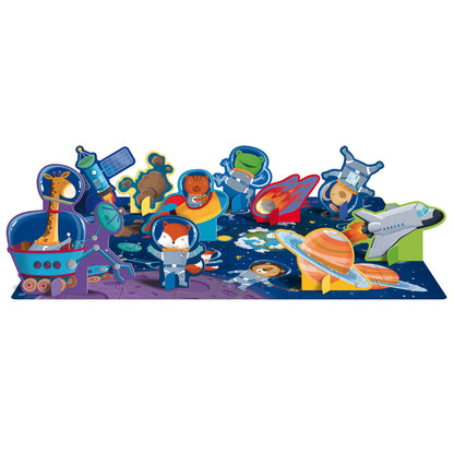 Colorful space-themed illustration with cartoon animals in spacesuits, rockets, planets, satellites, and a spacecraft arranged in a horizontal banner design