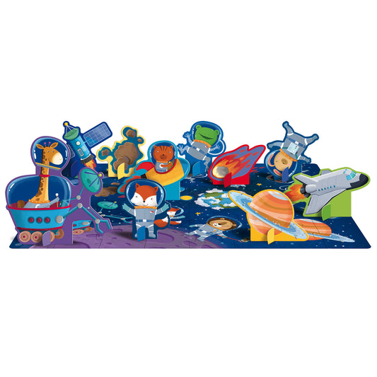 Colorful space-themed illustration with cartoon animals in spacesuits, rockets, planets, satellites, and a spacecraft arranged in a horizontal banner design