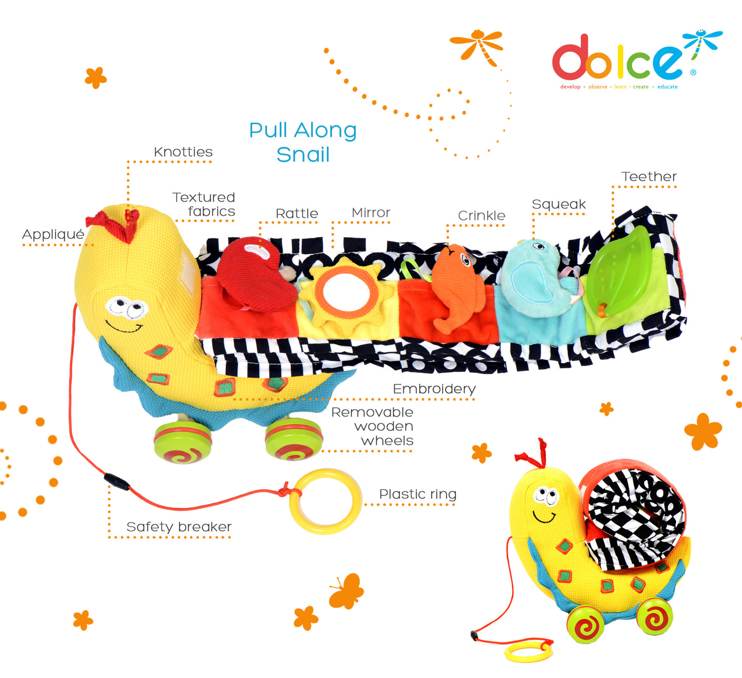 Dolce Sammy the Pull Along Snail toy with labeled features including textured fabrics, crinkle, mirror, squeak, teether, knotties, rattle, embroidery, removable