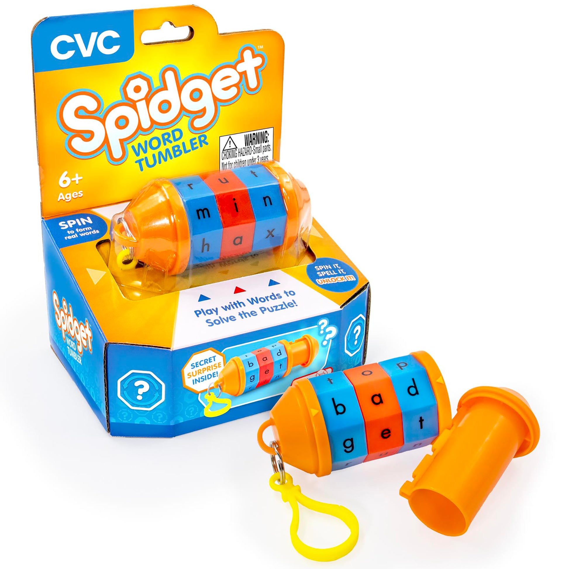Spidget Word Tumbler CVC fidget toy with colorful letter rings in blue, red, and orange