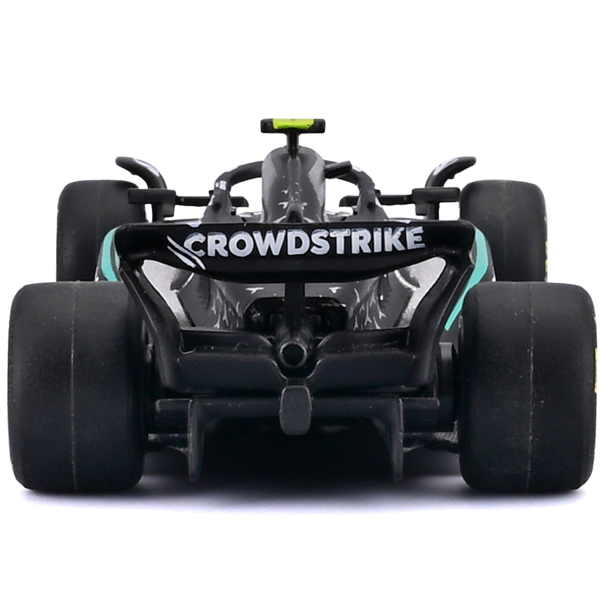 Bburago 1:64 Formula Racing Mercedes W16 diecast car with CrowdStrike sponsorship livery, shown from rear view with b...