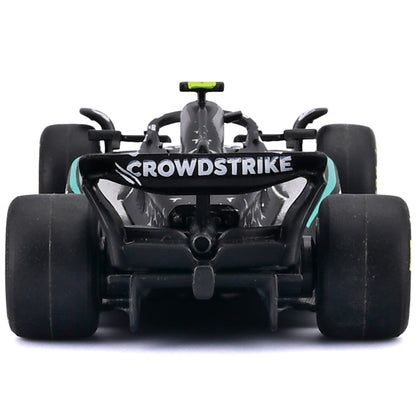 Bburago 1:64 Formula Racing Mercedes W16 diecast car with CrowdStrike sponsorship livery, shown from rear view with b...