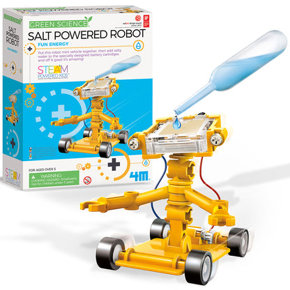 Green Science Salt-Powered Robot yellow STEM toy with water dropper and wheels