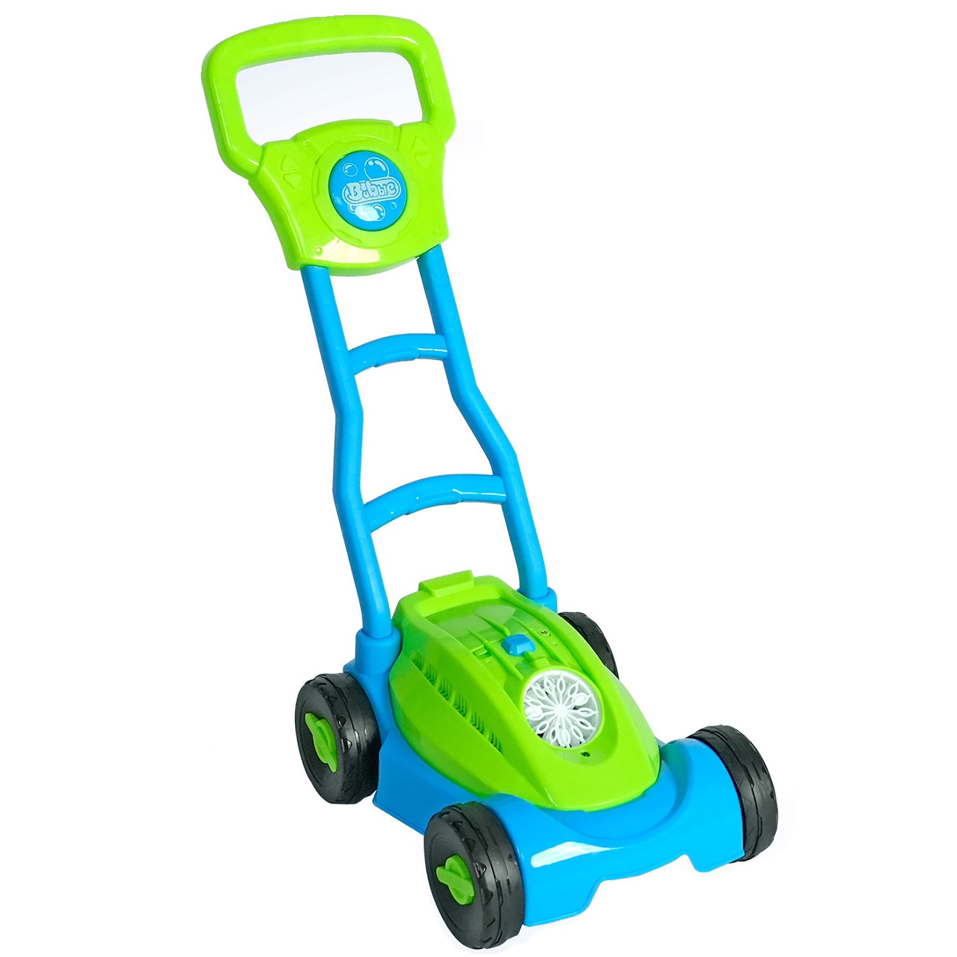 Green and blue toy lawn mower with push handle, black wheels, and bubble-blowing feature on plain background
