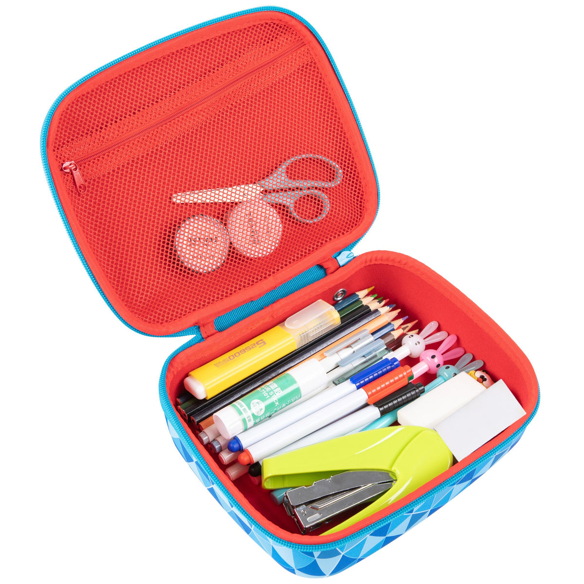 ZIPIT Jumbo Pencil Case in blue with red interior, open to show organized markers, pencils, scissors, and supplies in...