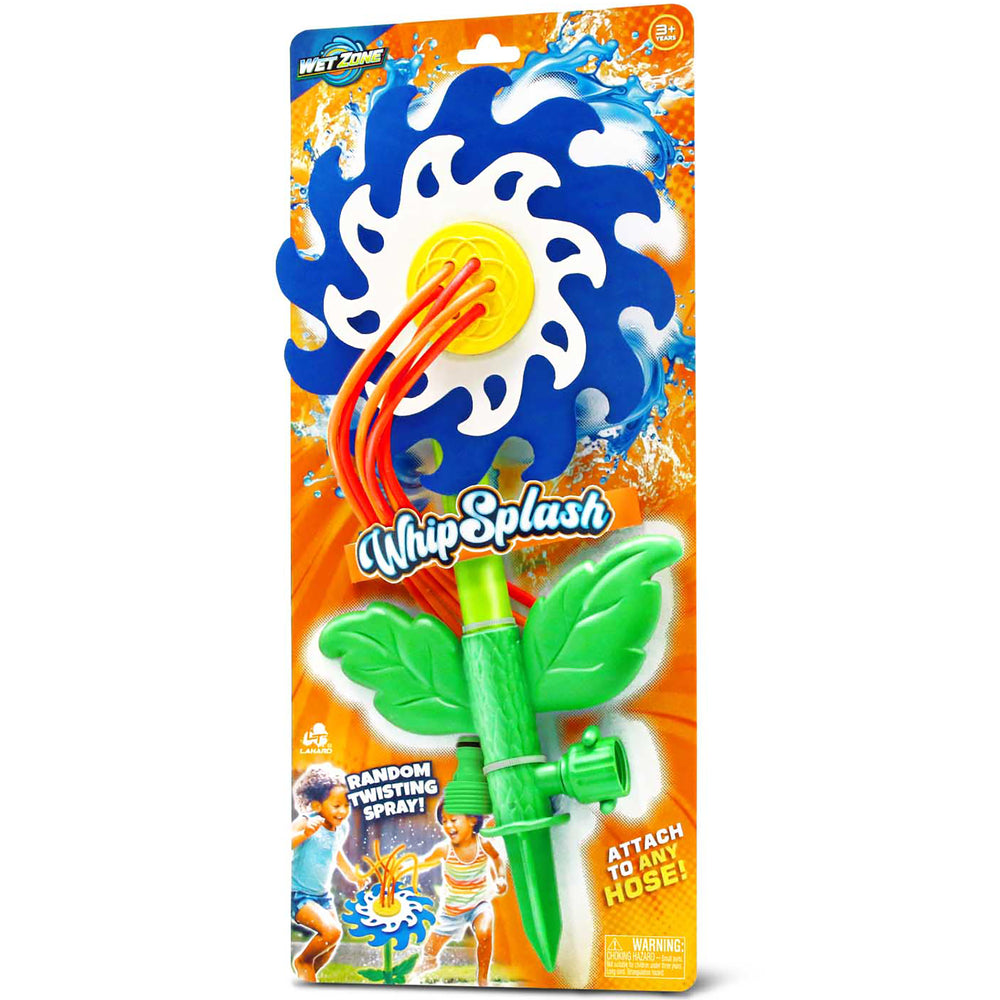 Whip Splash green water sprinkler with red whip attachment and yellow center, attaches to hose