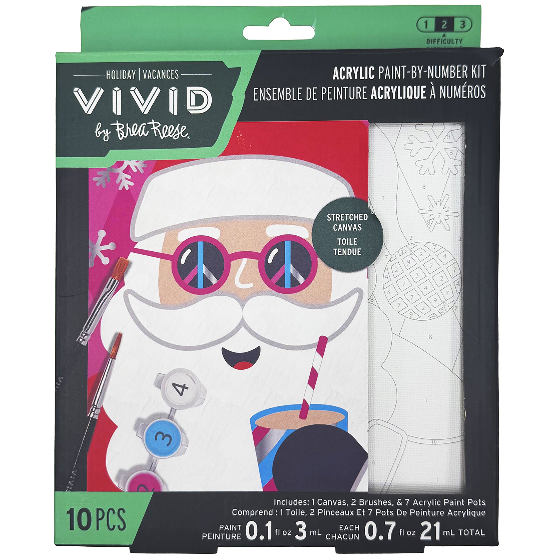Acrylic Paint-By-Number Kit: Groovy Santa with stretched canvas, brushes, and paint pots