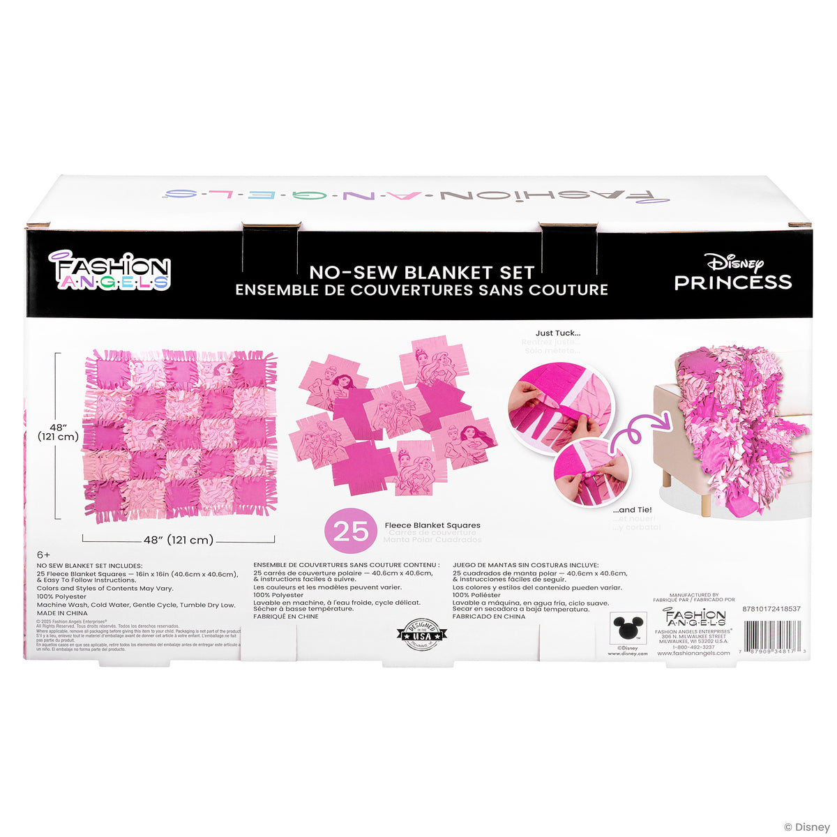 Disney Princess No-Sew Blanket Kit with 25 pink fleece squares, 48x48 inches