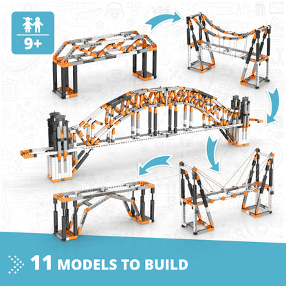 Engino STEM Architecture building set with 11 models in orange and black, featuring Eiffel Tower and Sydney Bridge de...