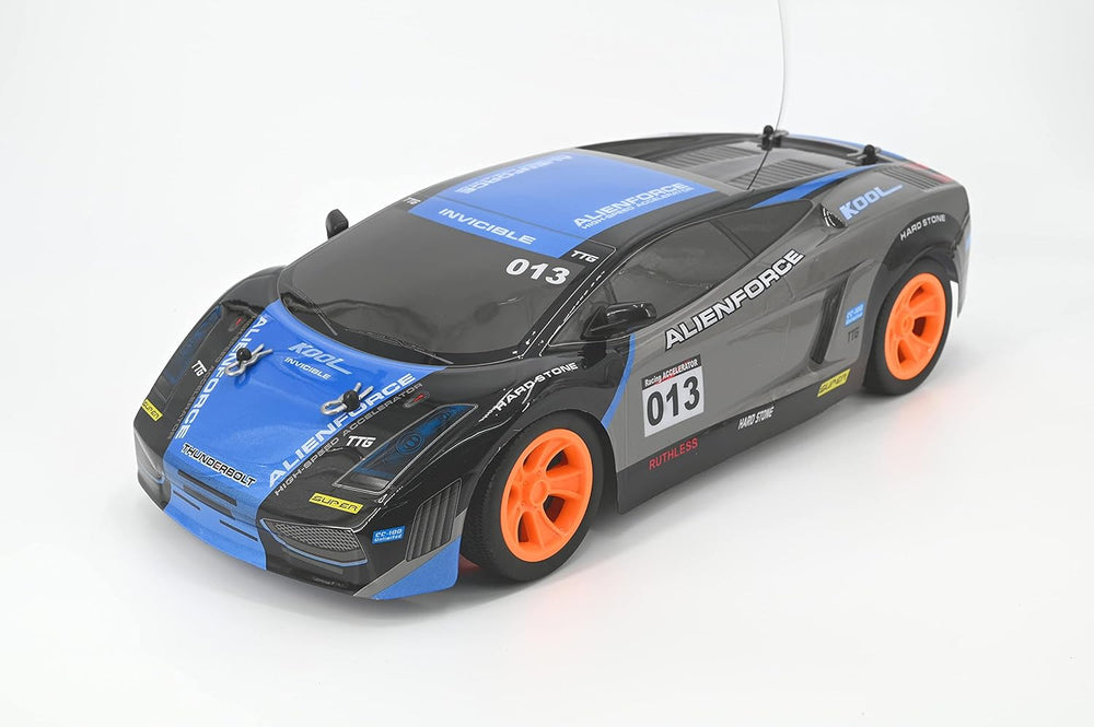 Black and blue remote control racing car with orange wheels, numbered 013, on plain background