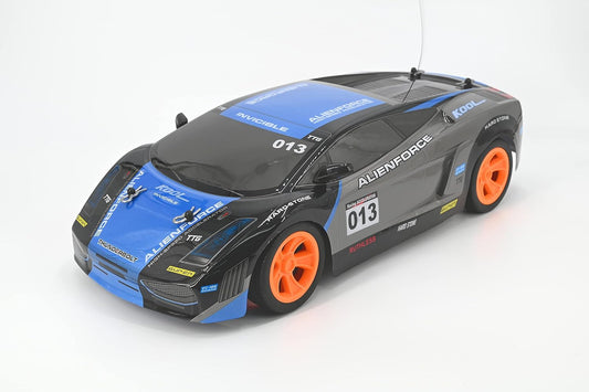 Black and blue remote control racing car with orange wheels, numbered 013, on plain background
