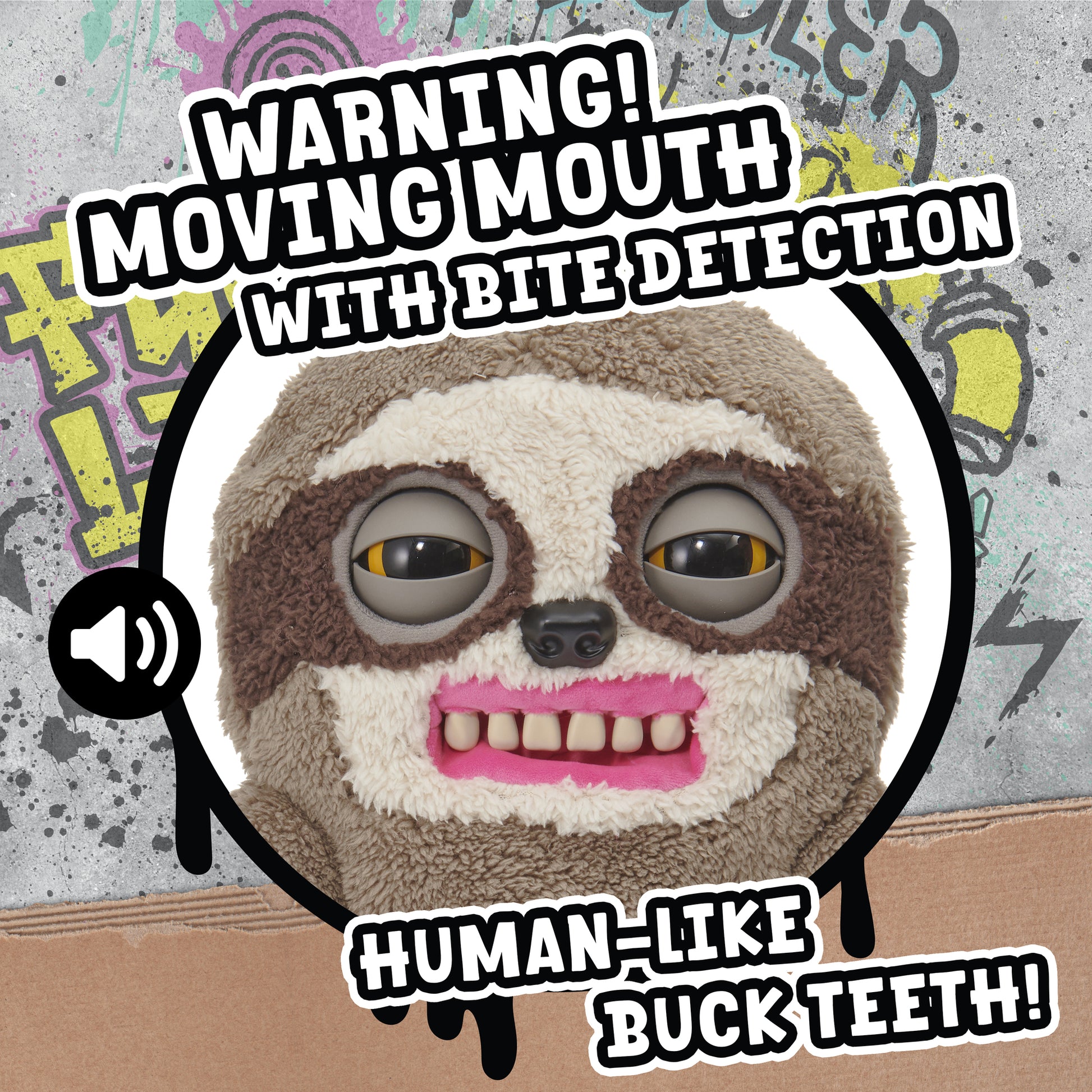 Fugglers Sickening Sloth plush toy with moving mouth, buck teeth, and yellow eyes