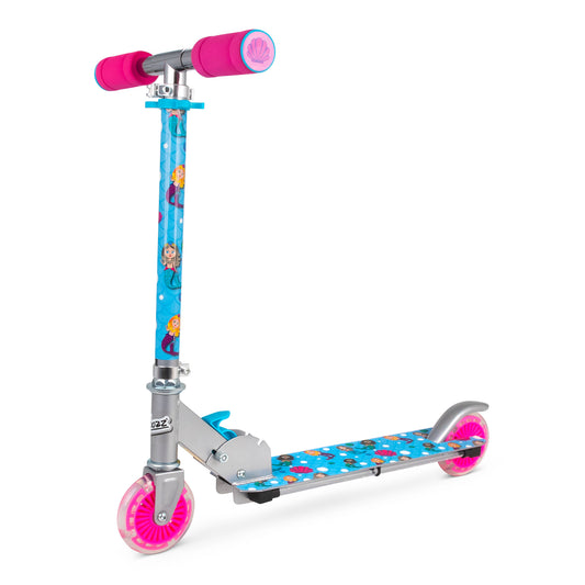 Ozbozz Flashing Mermaid Scooter with blue deck featuring mermaid characters, pink handlebars, and light-up pink wheels