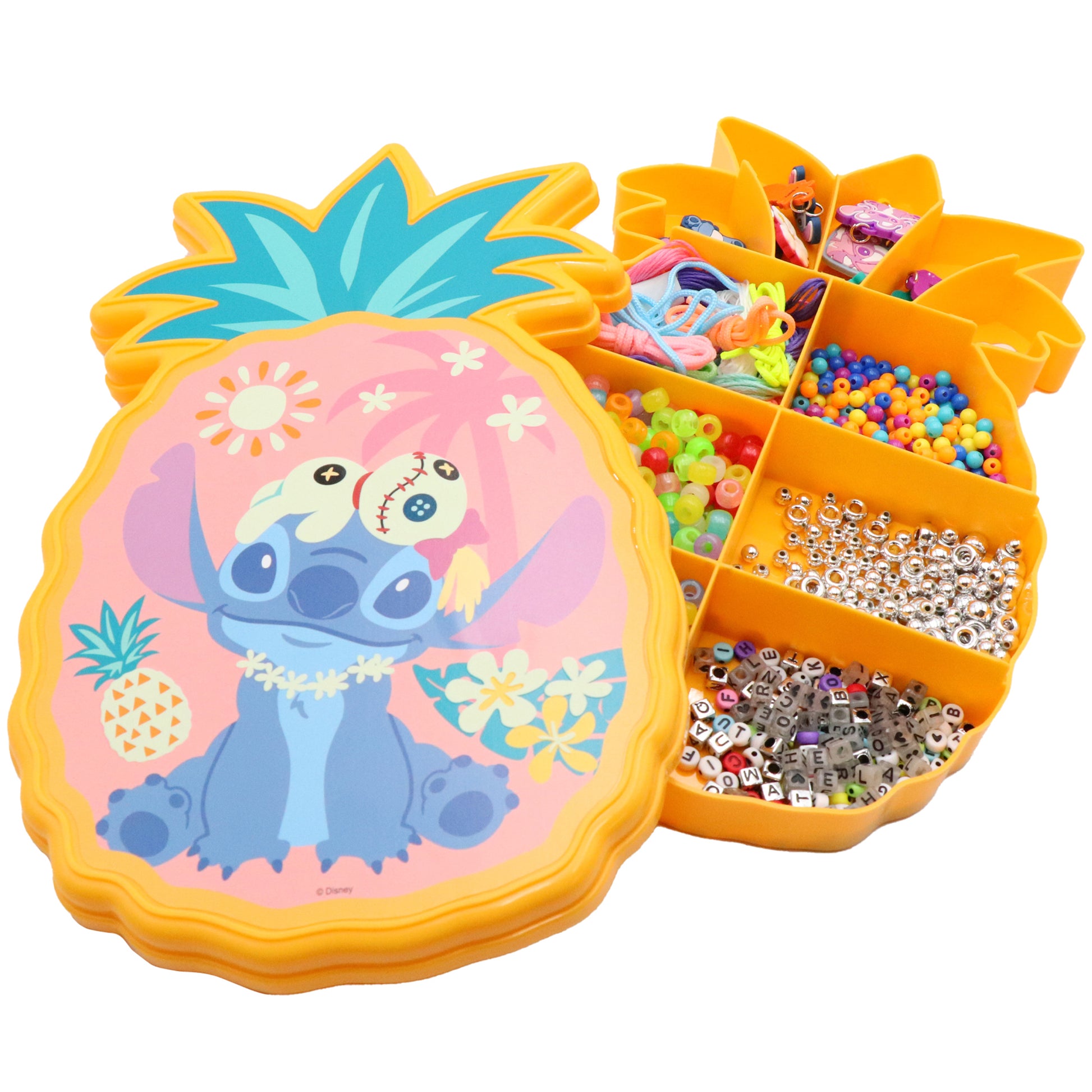 Disney Stitch Jewelry Activity Set with glow-in-the-dark features and colorful beads in pineapple-shaped storage