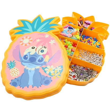 Disney Stitch Jewelry Activity Set with glow-in-the-dark features and colorful beads in pineapple-shaped storage