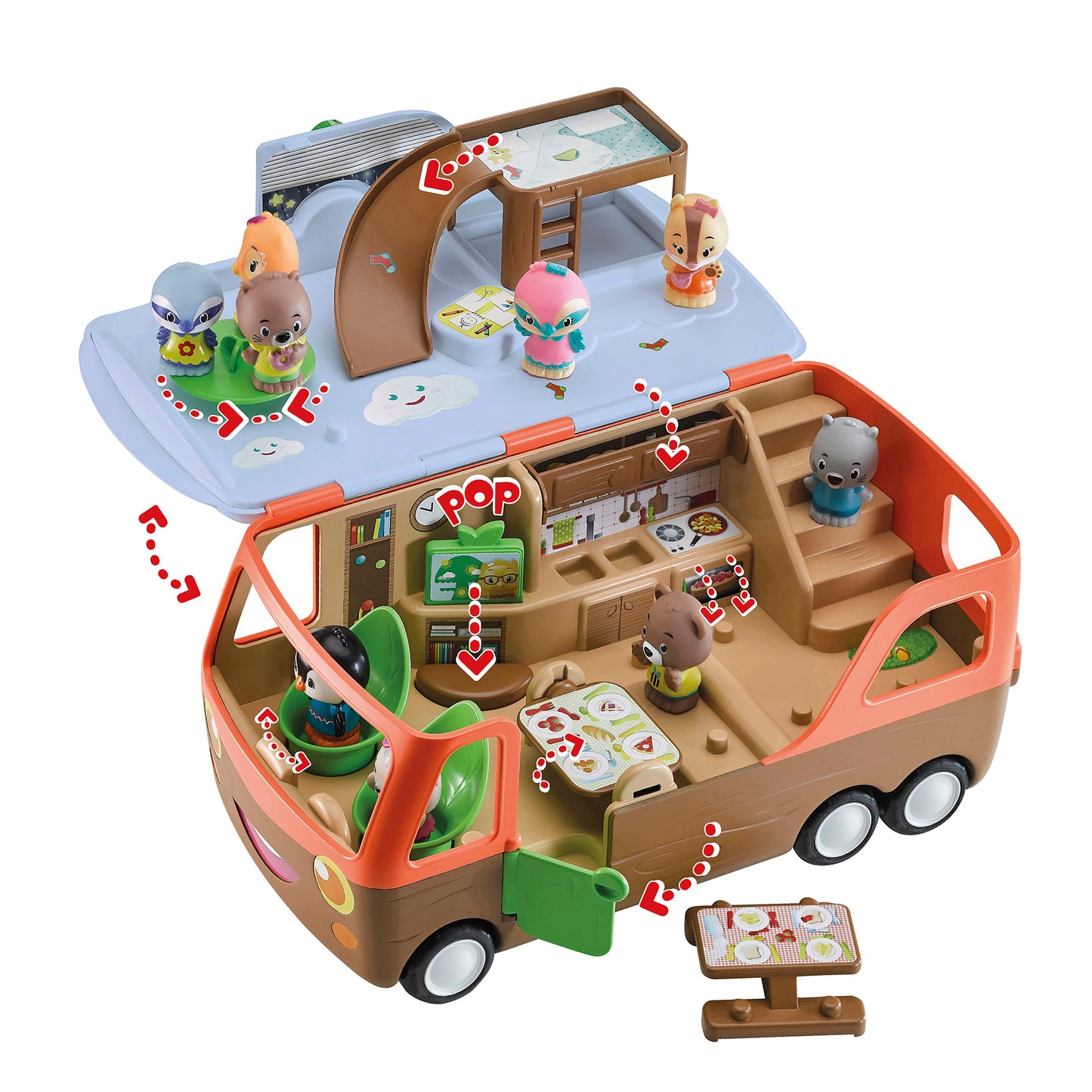 Timber Tots Adventure Camper Van playset with brown and coral bus featuring multiple rooms, character figures including Lena the Seal, furniture, and accessorie