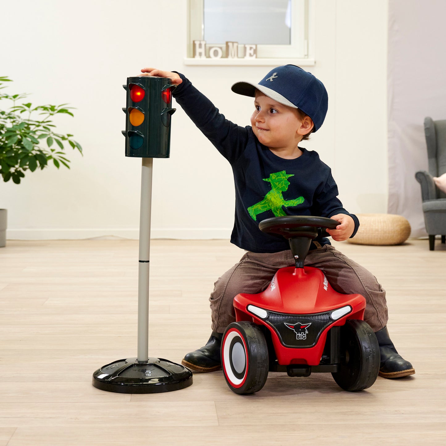 BIG Traffic Stoplight toy with red light on, child playing with toy car