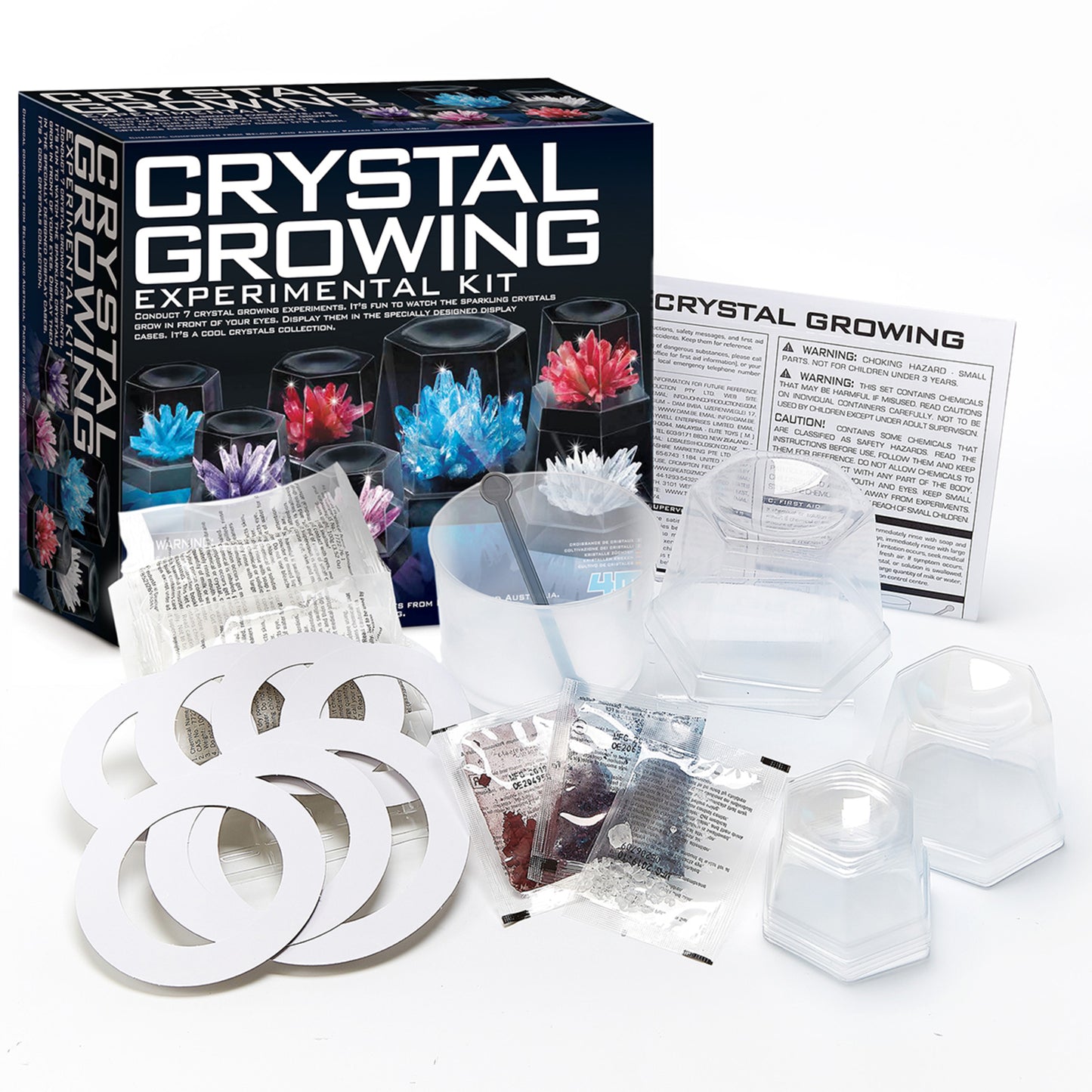 4M Crystal Growing Experimental Kit with 7 colored crystals in blue, pink, and purple displayed in black domes