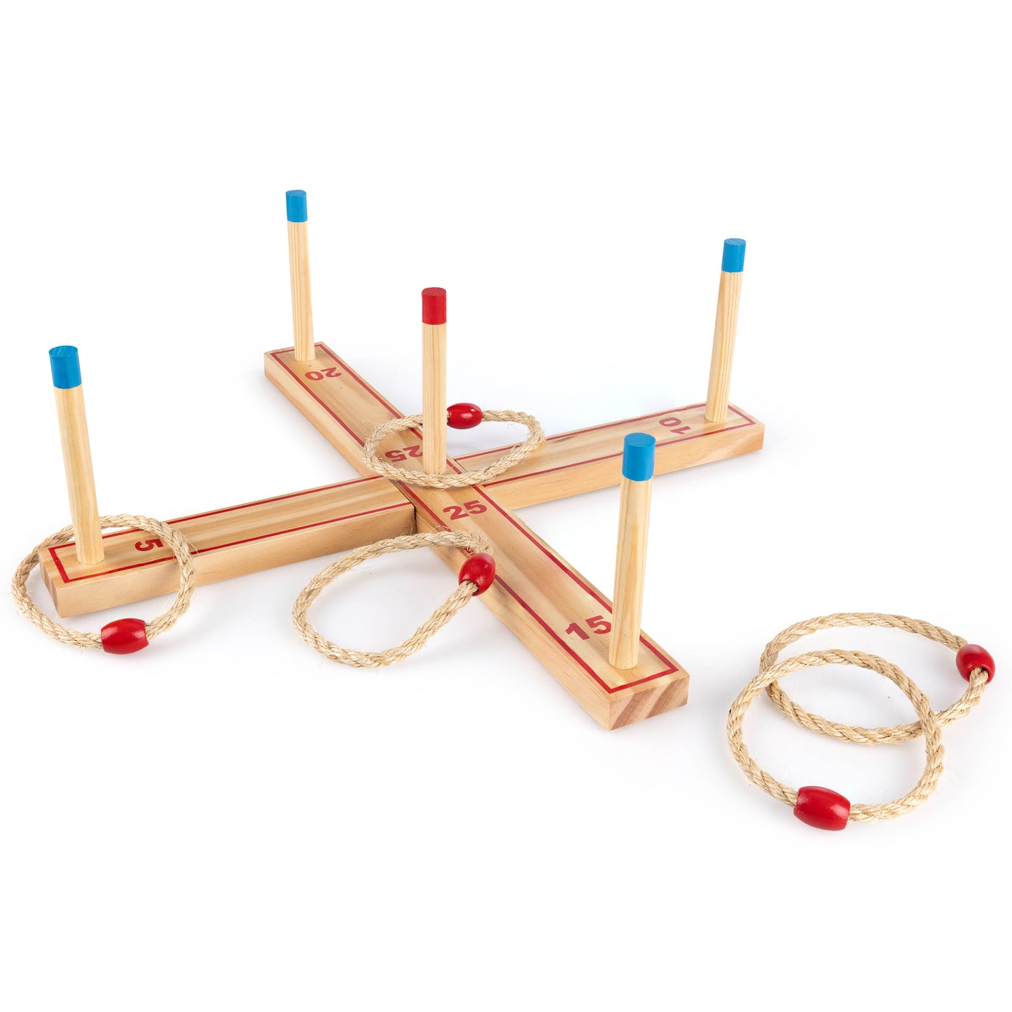 Wooden ring toss game set with four wooden pegs with blue caps, four rope rings with red beads, and wooden bases marked with scoring numbers