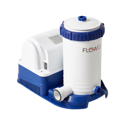 Bestway Flowclear above-ground pool water filter pump with white cylindrical filter tank, blue base, pump unit, and blue top cap on plain background