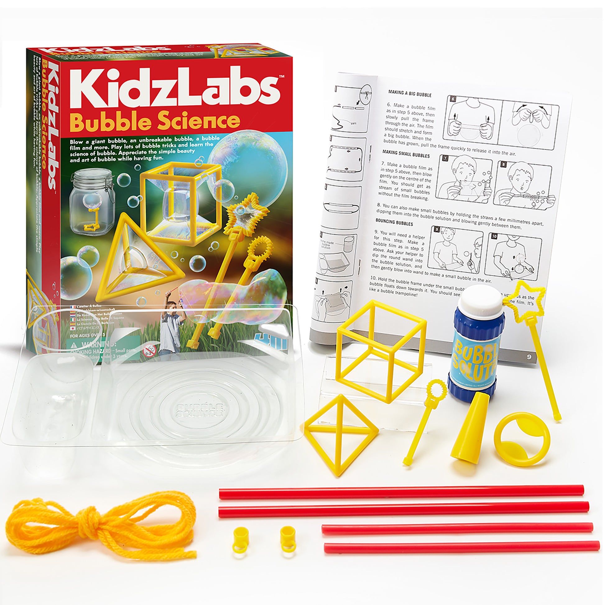 KidzLabs Bubble Science kit with yellow bubble frames, solution bottle, and instruction guide