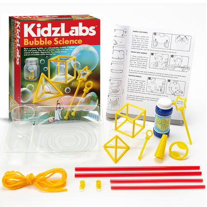 KidzLabs Bubble Science kit with yellow bubble frames, solution bottle, and instruction guide