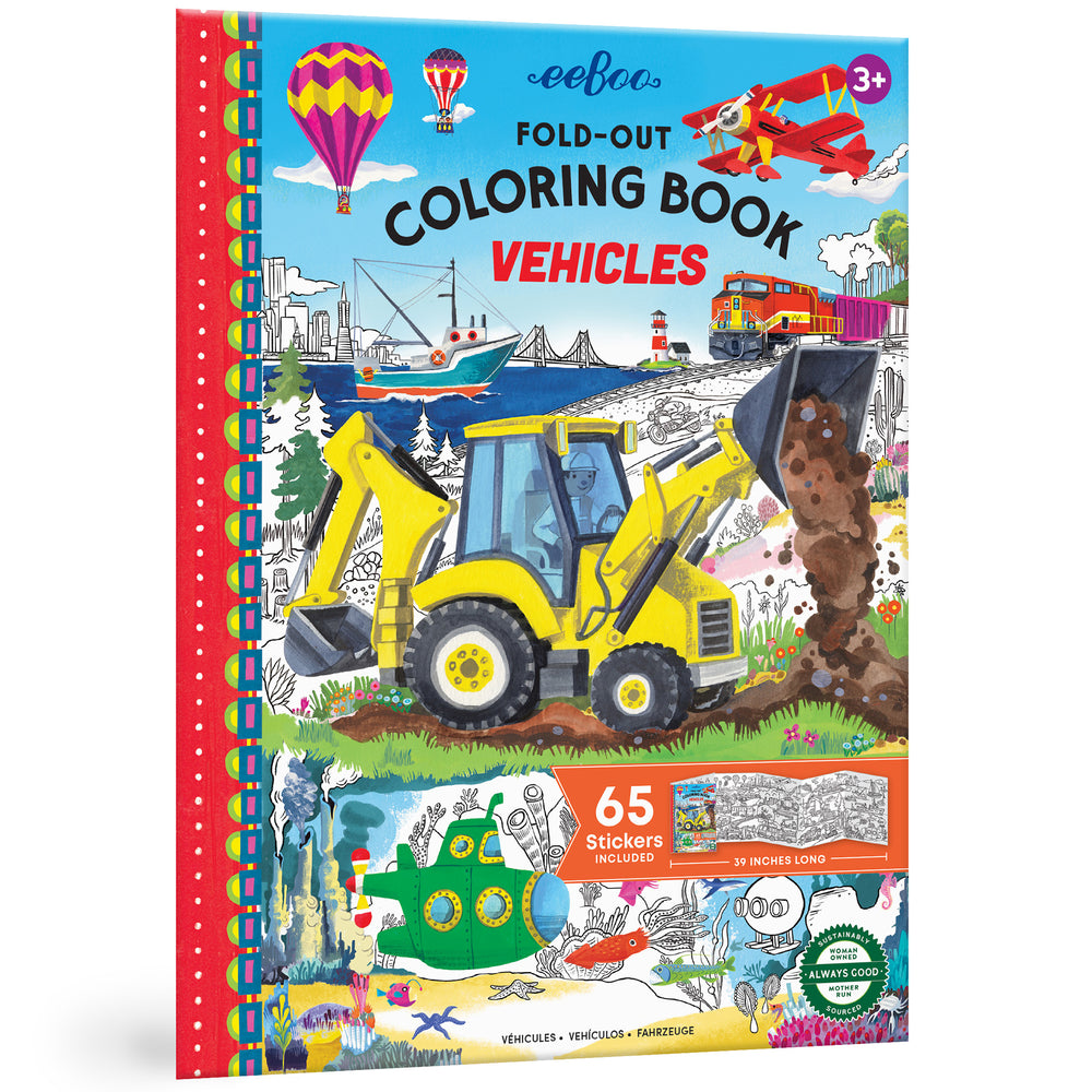 eeBoo Fold-Out Vehicles Coloring Book with 65 stickers, featuring yellow excavator and colorful transportation scenes