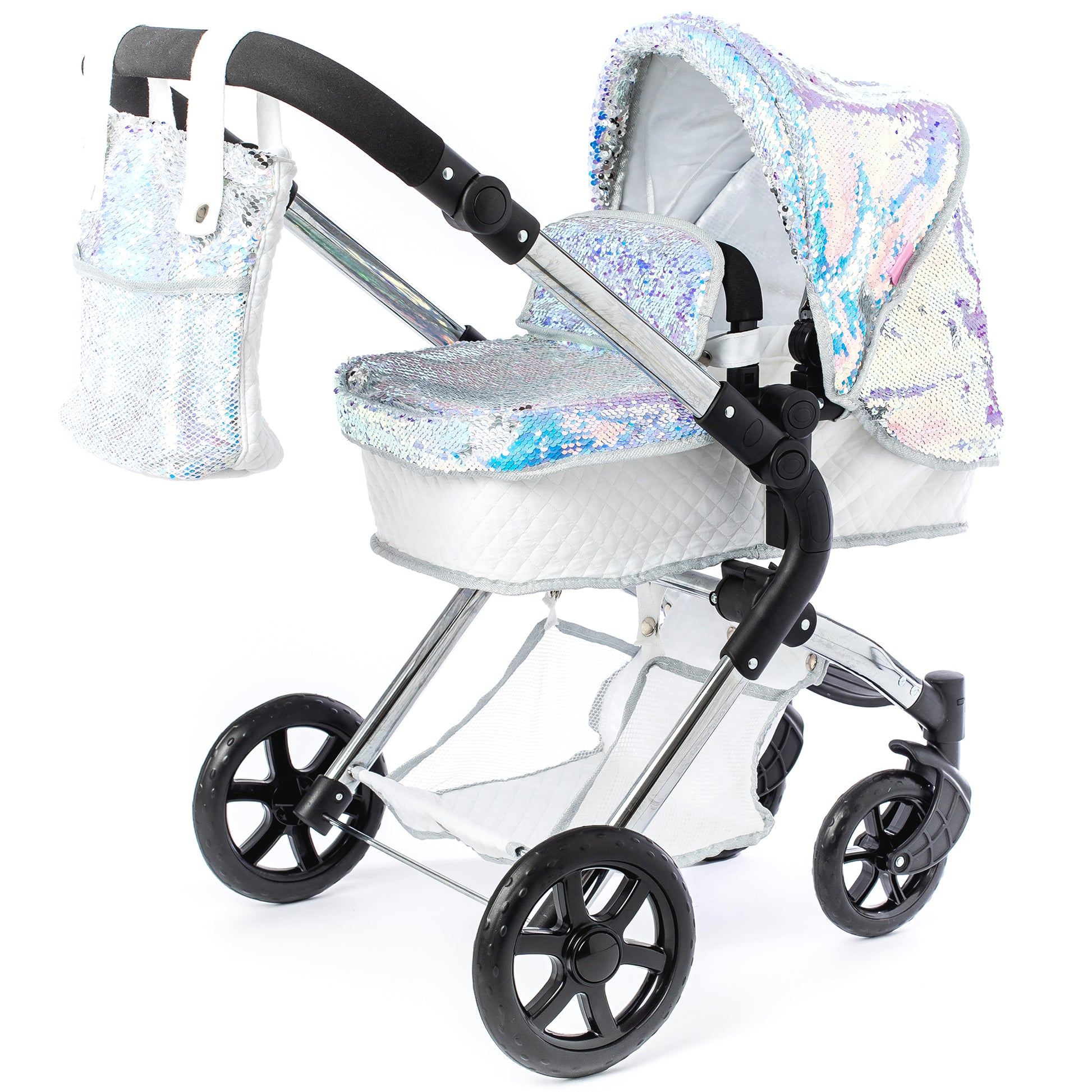 Roma Polly Doll Pram in silver with iridescent mermaid sequin fabric and black handles