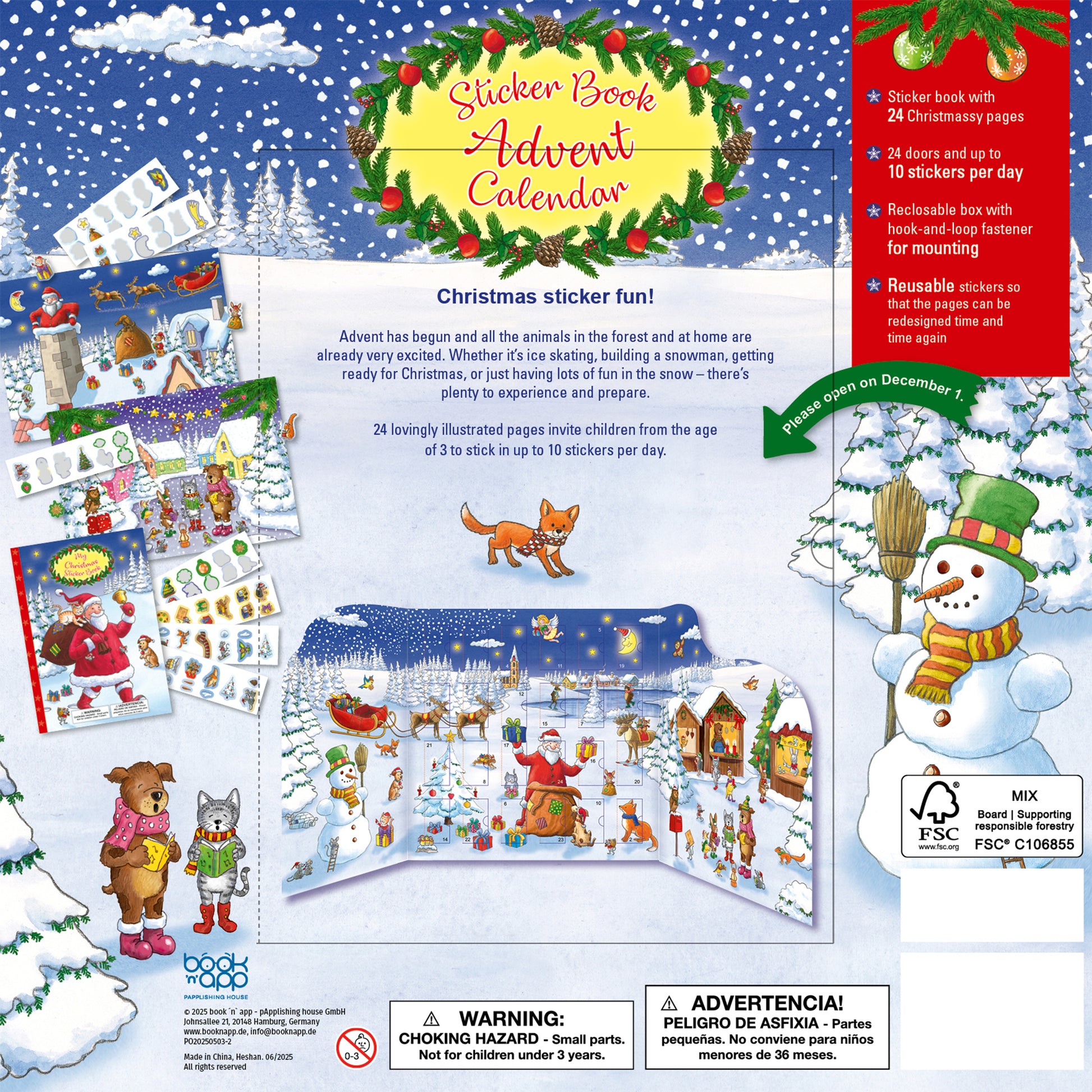 Sticker Book Advent Calendar with 24 doors, reusable stickers, and Christmas scenes featuring Santa and forest animals