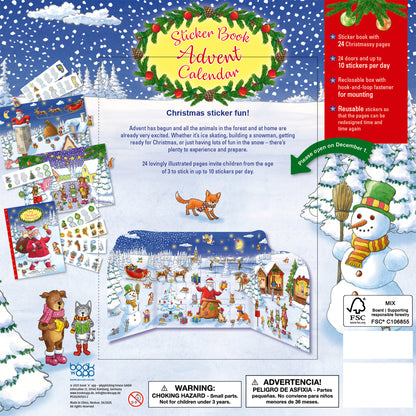 Sticker Book Advent Calendar with 24 doors, reusable stickers, and Christmas scenes featuring Santa and forest animals