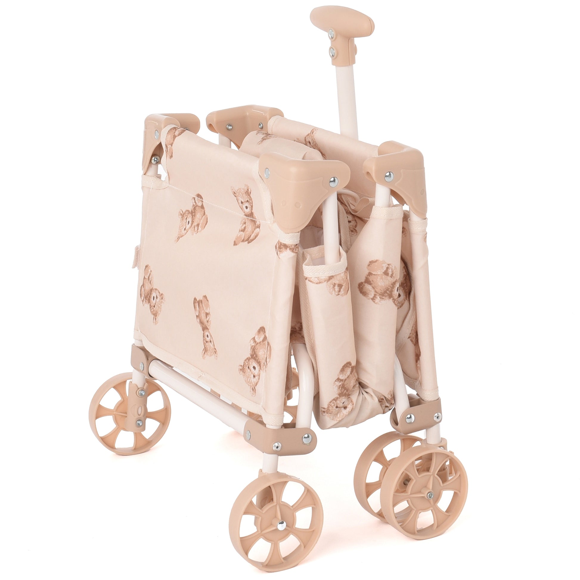 Roma Teddy Toy Wagon with beige fabric, teddy bear print, and wheeled base