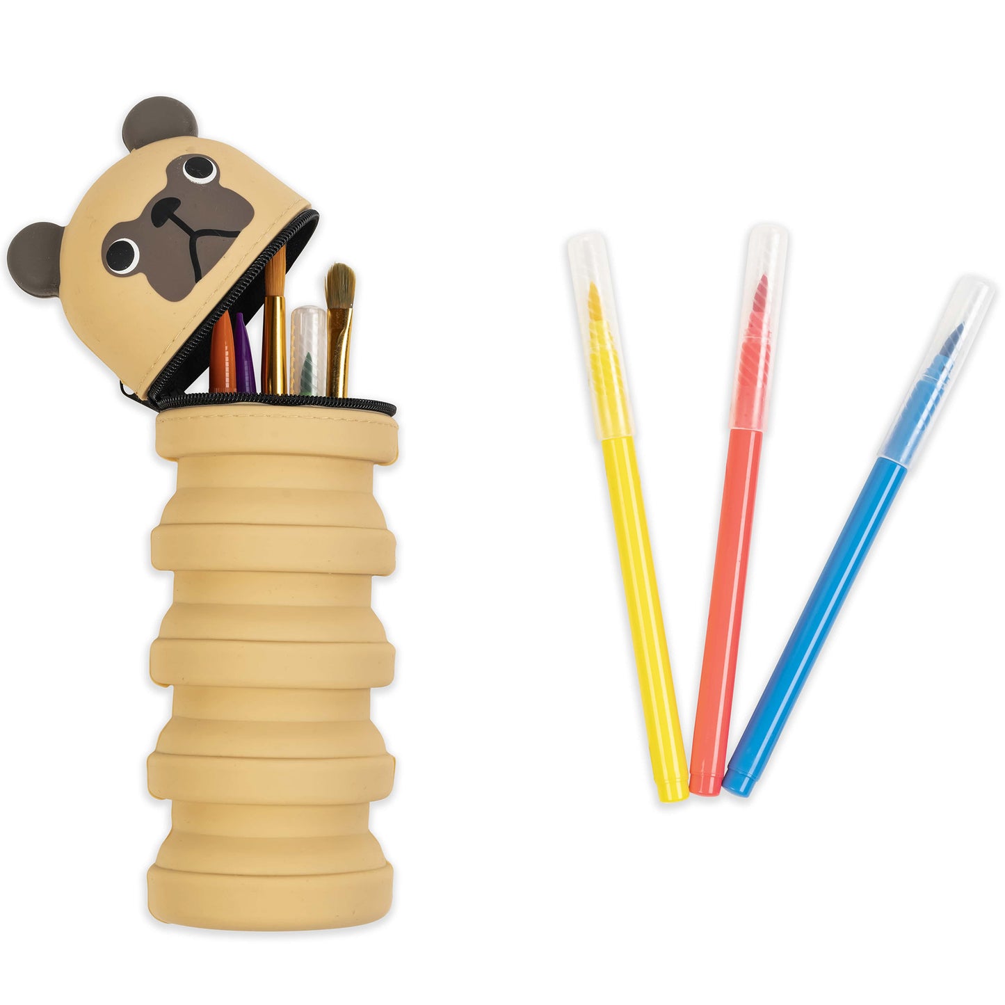 Pug Retractable Pencil Case with brushes and three colored gel pens