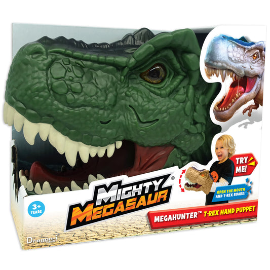 Mighty Megasaur Megahunter T-Rex Hand Puppet in green with opening mouth