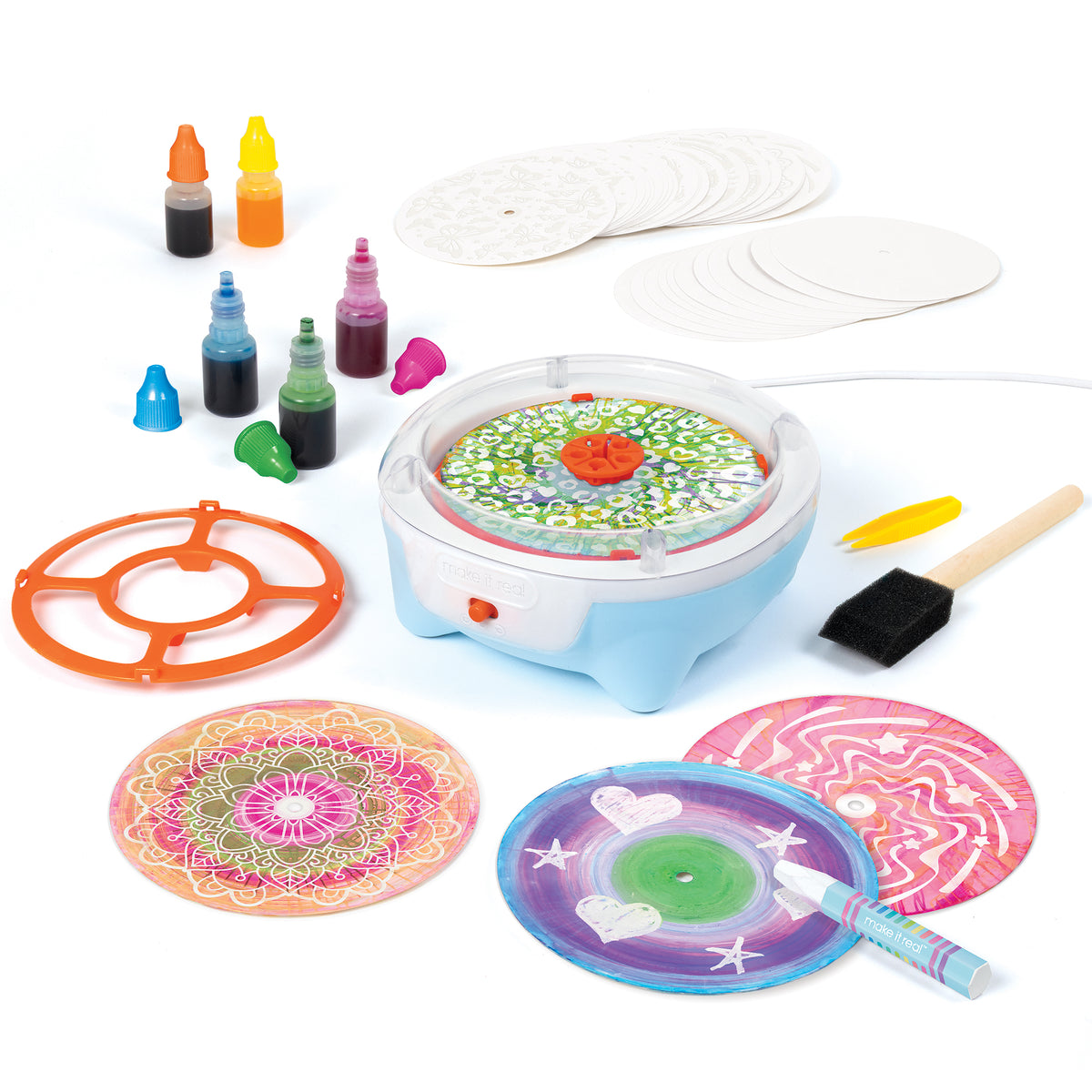 Make It Real Spin Art Studio with colorful inks, blank discs, and pre-printed designs