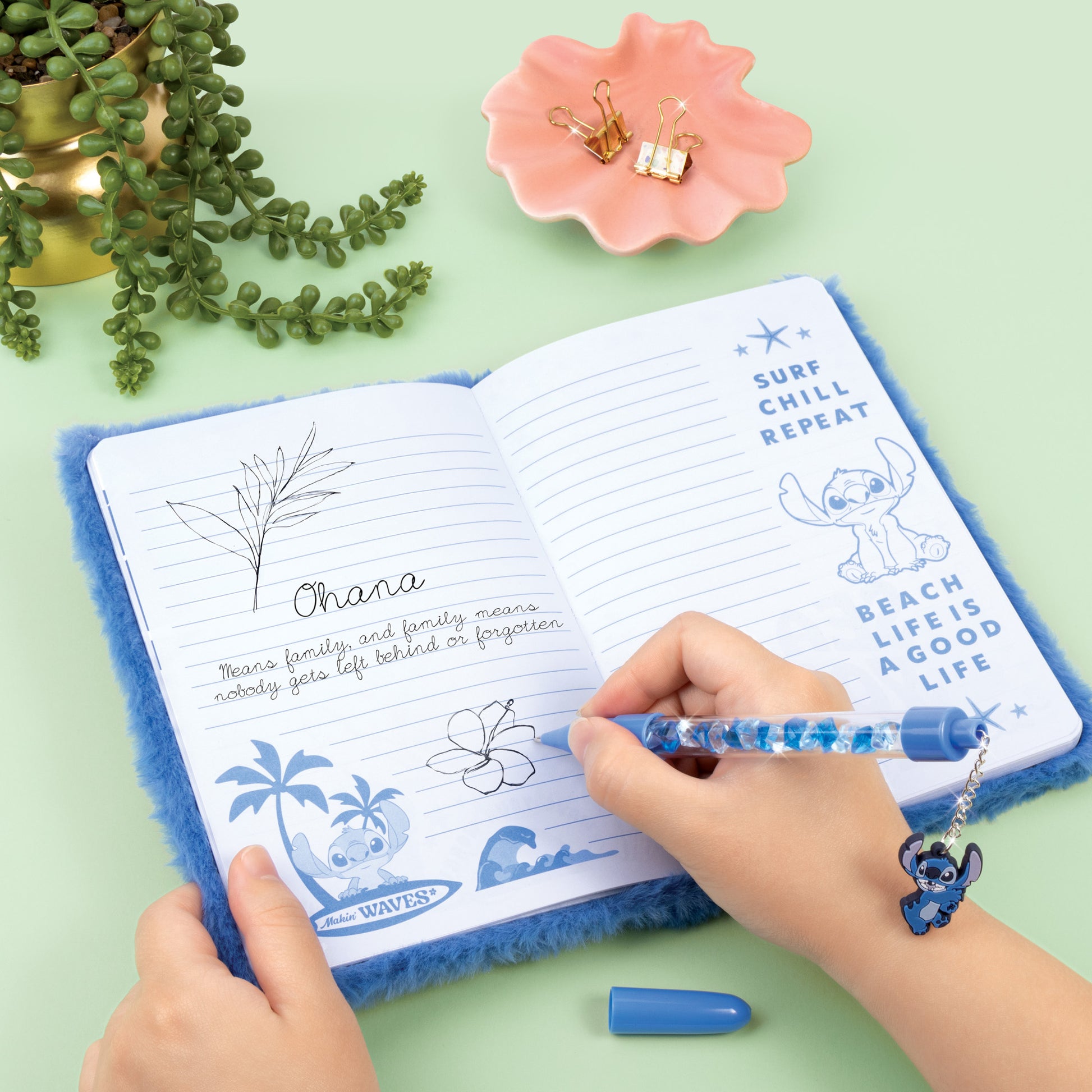 Journal & Pen: Fuzzy Cool Vibes Stitch with blue fuzzy cover and Stitch character design